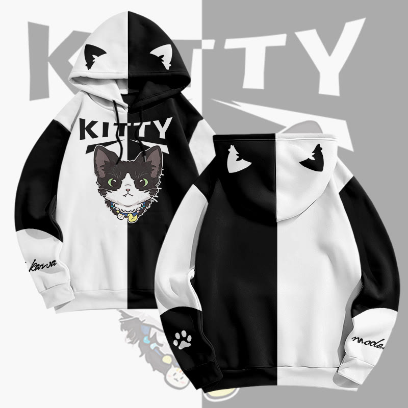 MODAKAWA Cute Kitty Graphic All Over Print Pullover Hoodie - Black - 6XL - image 3