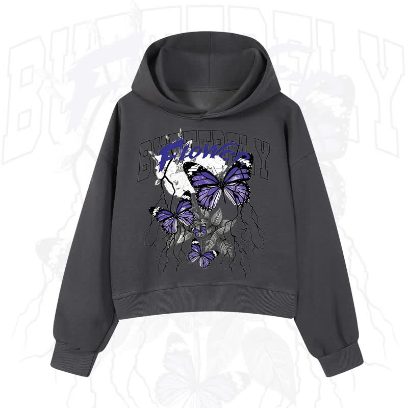 MODAKAWA BUTTERFLY FLOWER Cropped Cotton Hoodie - Dark Grey - 3XL - image 7