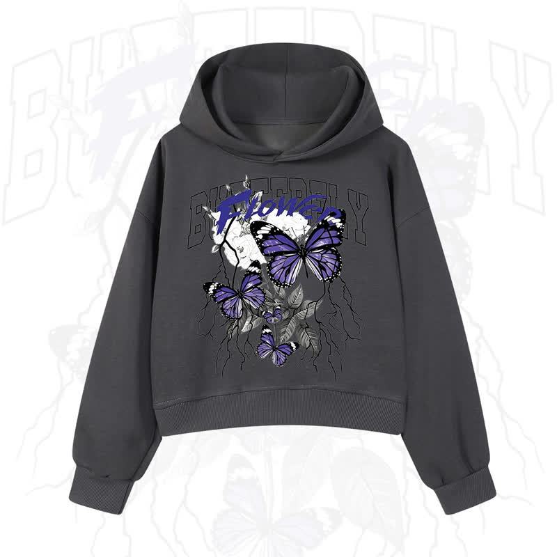 MODAKAWA BUTTERFLY FLOWER Cropped Cotton Hoodie - Dark Grey - 3XL - image 7