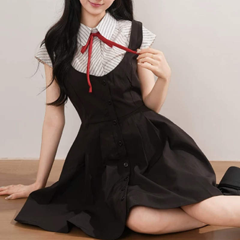 College Style Striped Short Sleeve Shirt Sleeveless Dress Two Pieces Set  - image 9