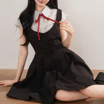 College Style Striped Short Sleeve Shirt Sleeveless Dress Two Pieces Set  - image 9