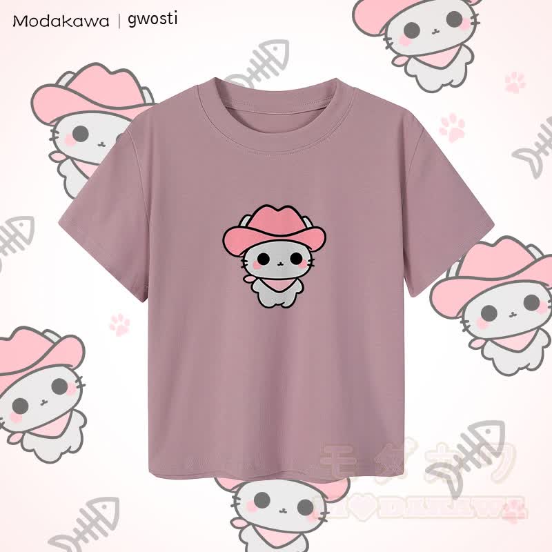 MODAKAWA X gwosti Pink Meowdy Graphic Women's Cropped T-Shirt 92% Combed Cotton Crop Top - Purple - XL - image 4