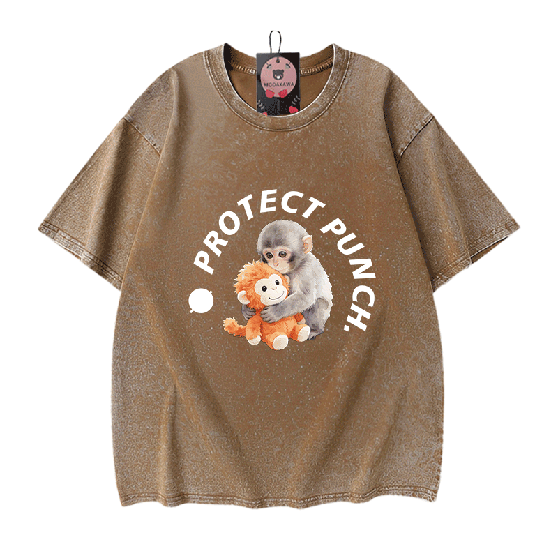 PROTECT PUNCH Hugging Monkey Graphic Modakawa Unisex Vintage Washed T-shirt - Brown - 5XL - image 9