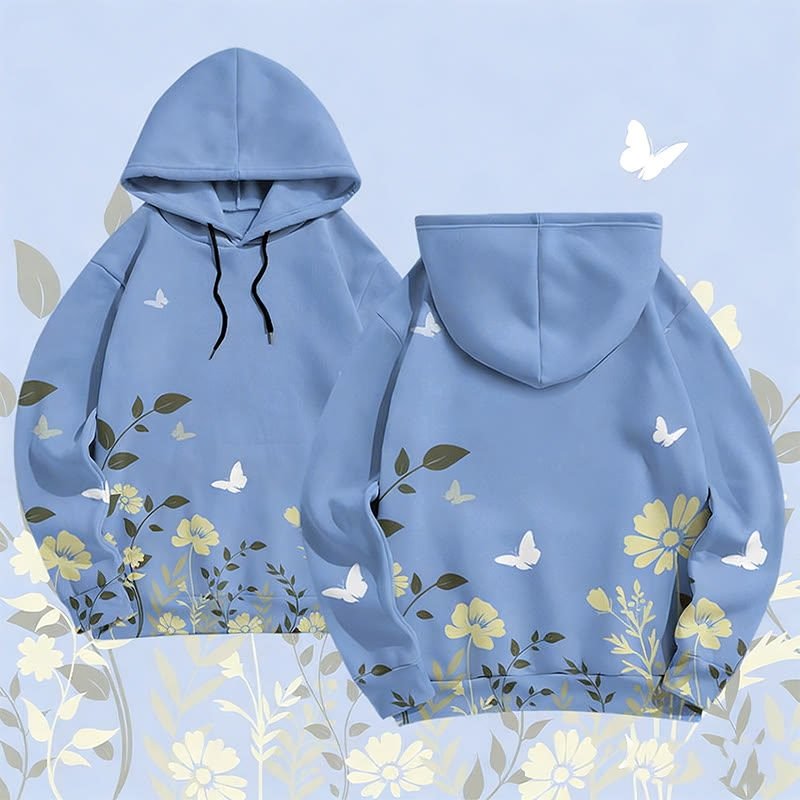 MODAKAWA Flower and Butterfly Graphic All Over Print Pullover Hoodie - Blue - 6XL - image 3