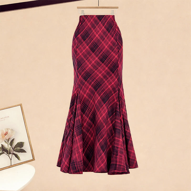 Knit Sweater Dress Red Sweater Plaid Mermaid Skirt Matching Outfit - Skirt - XL - image 4