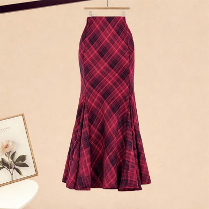 Knit Sweater Dress Red Sweater Plaid Mermaid Skirt Matching Outfit - Skirt - XL - image 4