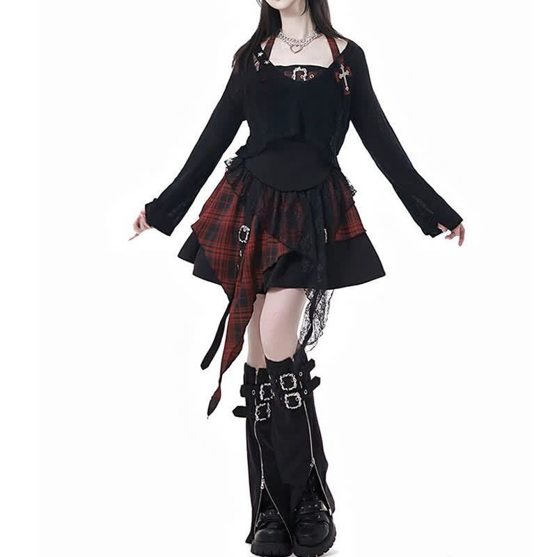 Gothic Plaid Halter Top Asymmetric Tiered Skirt Three Pieces Set - Red Set - XL - image 7