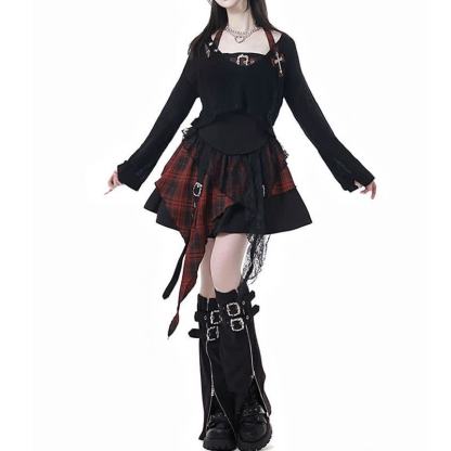 Gothic Plaid Halter Top Asymmetric Tiered Skirt Three Pieces Set - Red Set - XL - image 7