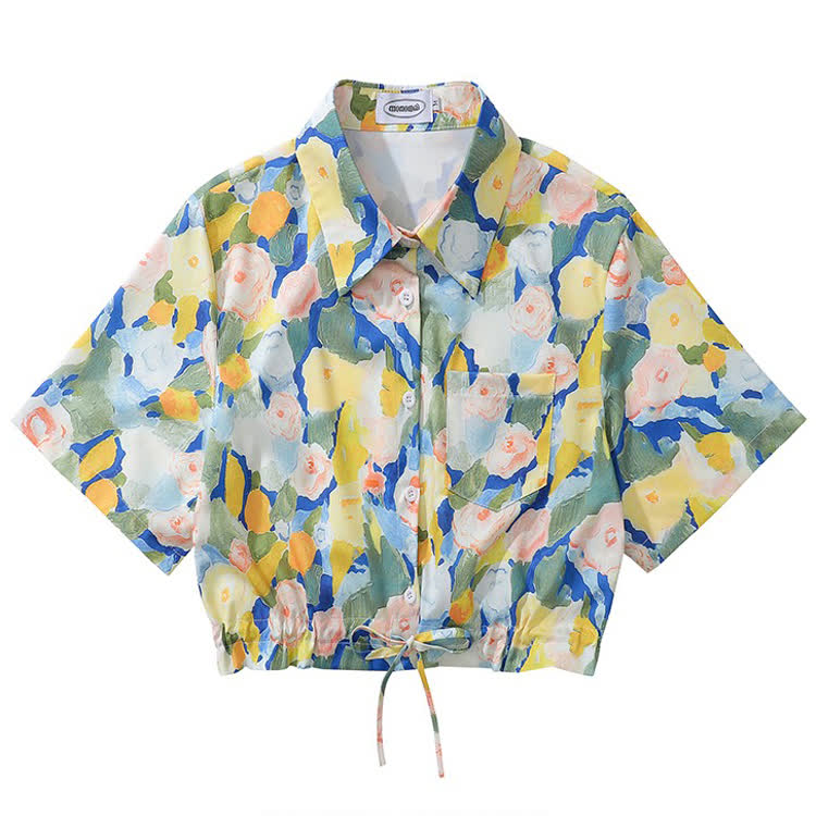 Vintage Print Short Sleeve Button-Up Shirt - Multicolor H - L - image 9