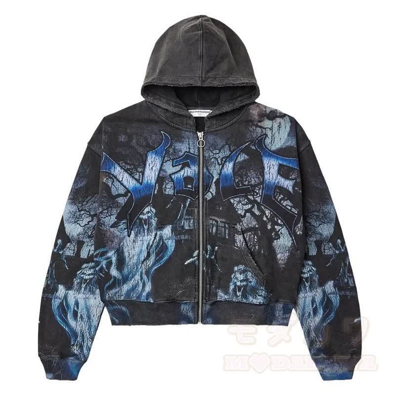 Y2K Vintage Letter Print Zip Up Hooded Jacket - Blue - 4XL - image 9