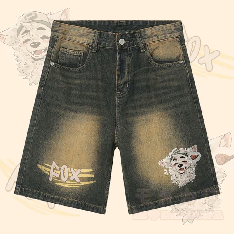 MODAKAWA X atka Fox Wants Meat Graphic Denim Shorts - Olive - 3XL - image 3