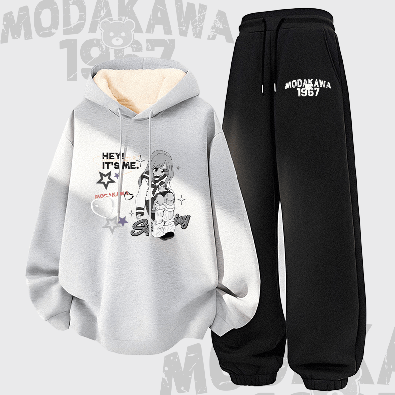 MODAKAWA HEY! IT'S ME Girl Graphic Thick Fleece Lined Hoodie Pants Two Pieces Set - Grey&Black - 5XL - image 2