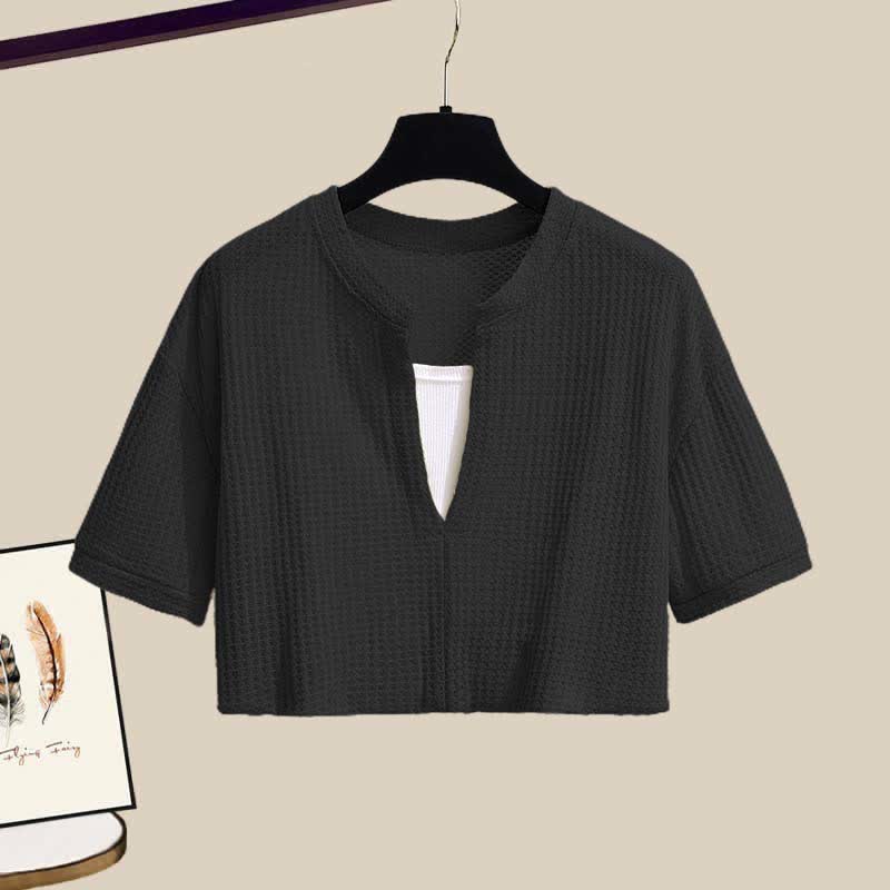 Fake Two Pieces Crop Top T-Shirt Casual Pants Two Pieces Set - image 15