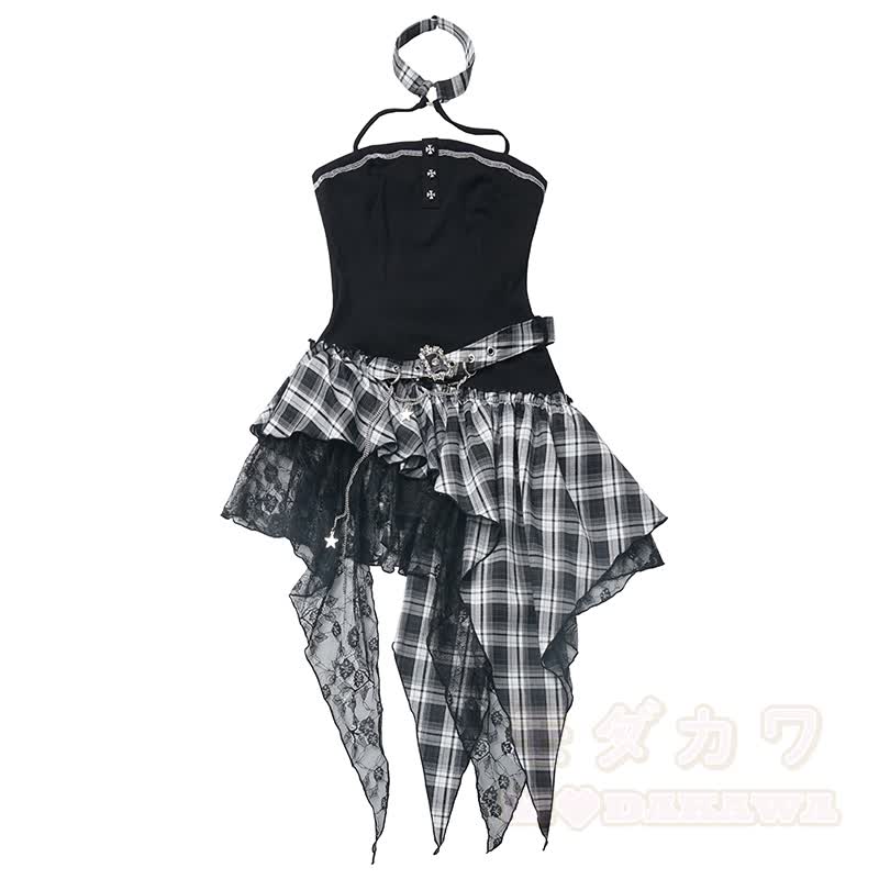Gothic Sheer Mesh Top Plaid Dress Two Pieces Set - image 8