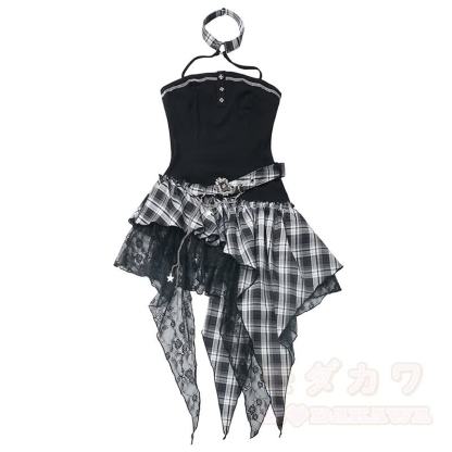 Gothic Sheer Mesh Top Plaid Dress Two Pieces Set - image 8
