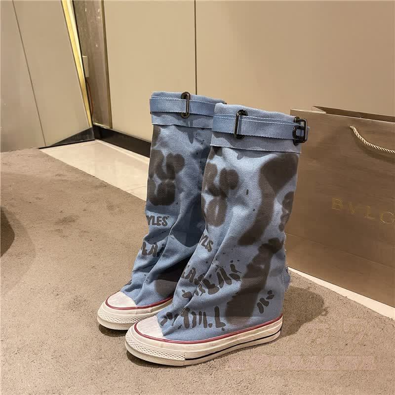 Vintage Graffiti High Top Canvas Stacked Mid Calf Boots - Blue - 40 - image 7