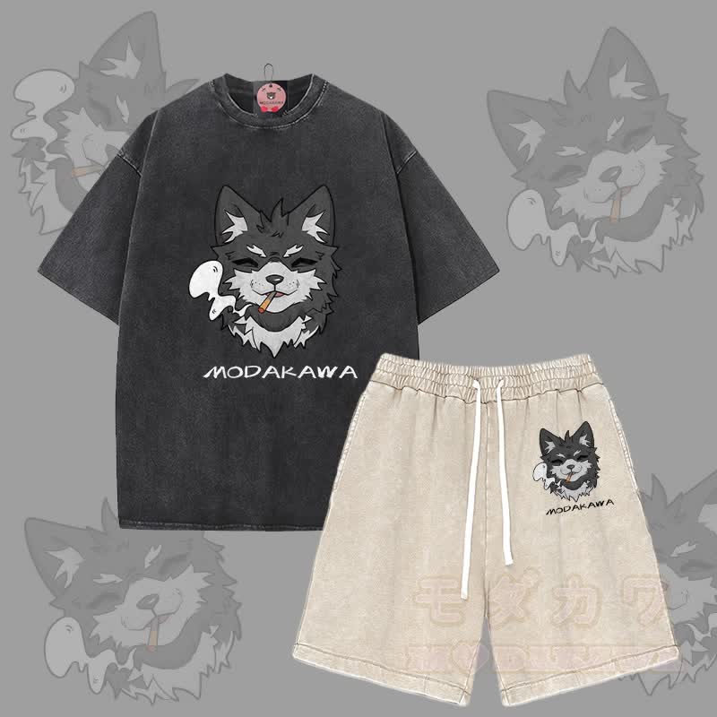 MODAKAWA Smoking Puppy Graphic Vintage Washed T-shirt Shorts Two Pieces Set - Black&Apricot - 3XL - image 4