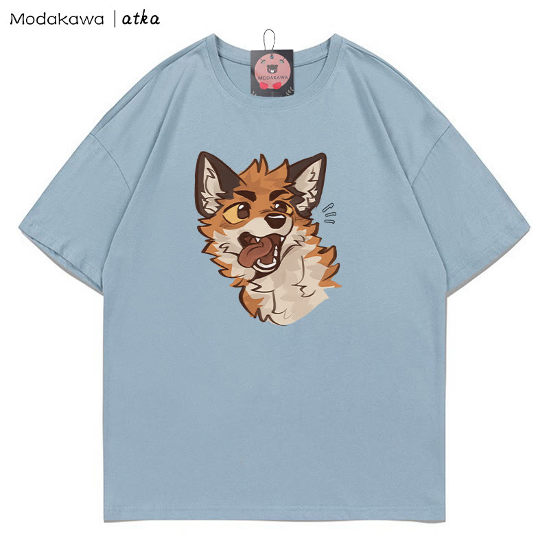 MODAKAWA X atka Playful Fox Face Graphic T-shirt - Dusty Blue - 5XL - image 7