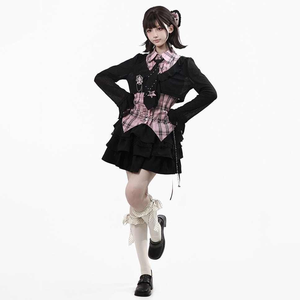 Y2K Knit Cover-Up with Plaid Shirt and Tiered Mini Skirt Three Pieces Set - Pink Set - XL - image 5