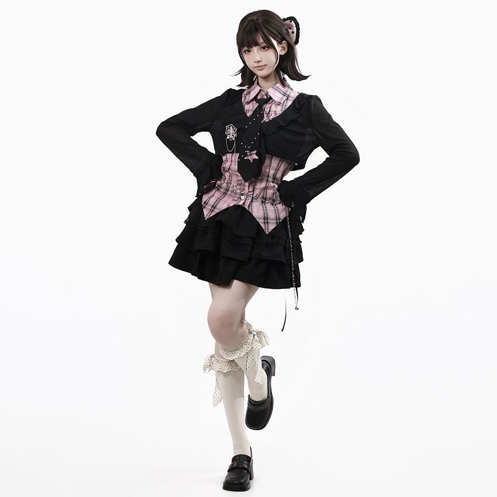 Y2K Knit Cover-Up with Plaid Shirt and Tiered Mini Skirt Three Pieces Set - Pink Set - XL - image 5