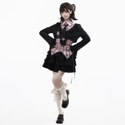 Y2K Knit Cover-Up with Plaid Shirt and Tiered Mini Skirt Three Pieces Set - Pink Set - XL - image 5