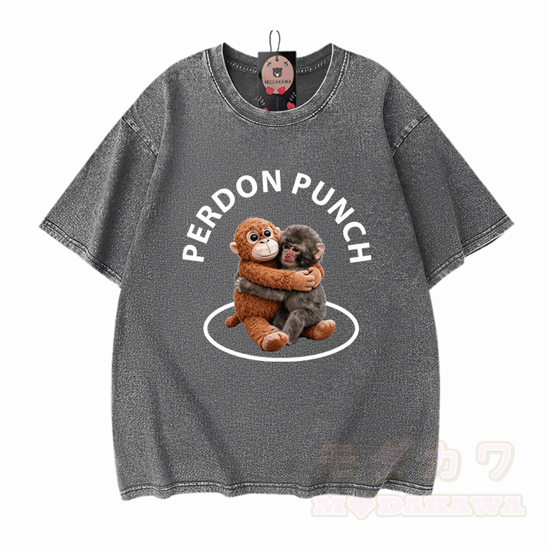 PERDON PUNCH Hugging Monkey Graphic Modakawa Unisex Vintage Washed T-shirt - Grey - 5XL - image 7