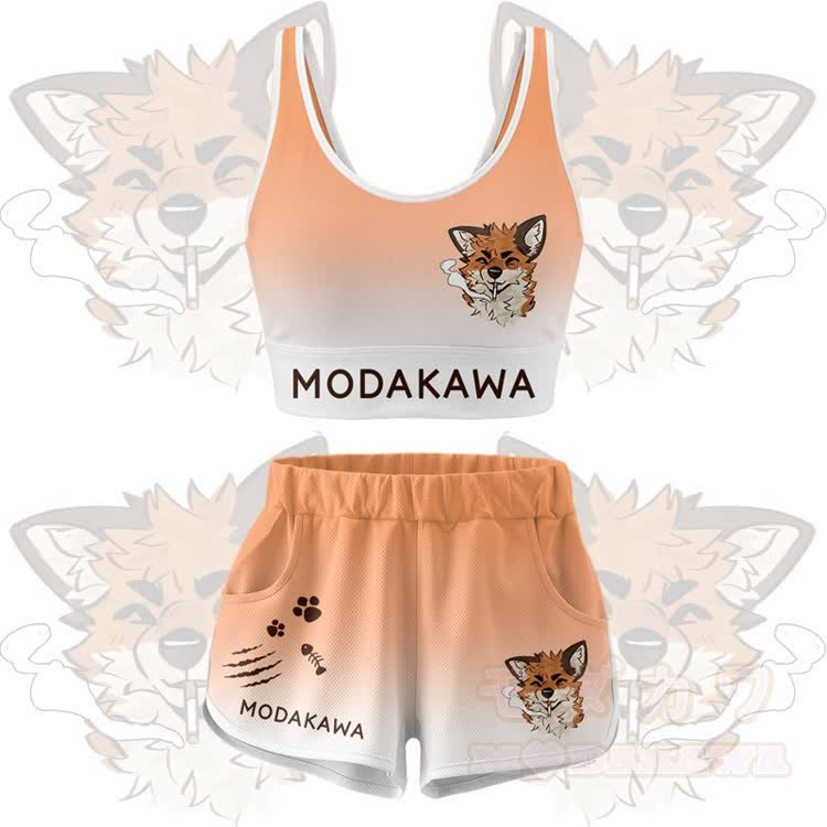 MODAKAWA X atka Smoking Fox Graphic Crop Tank Sport Top Shorts Bikini Matching Outfit - Orange Set - 5XL - image 13