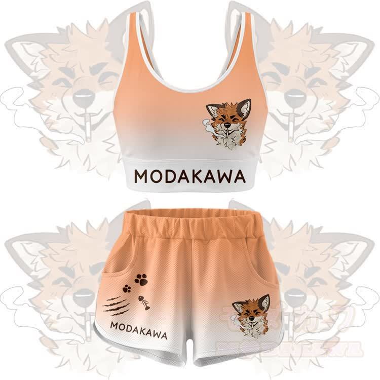 MODAKAWA X atka Smoking Fox Graphic Crop Tank Sport Top Shorts Bikini Matching Outfit - Orange Set - 5XL - image 13