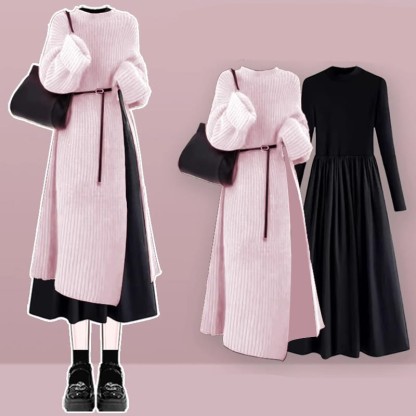 Knit Sweater Dress Black Dress Two Pieces Set - Set C - XL - image 3