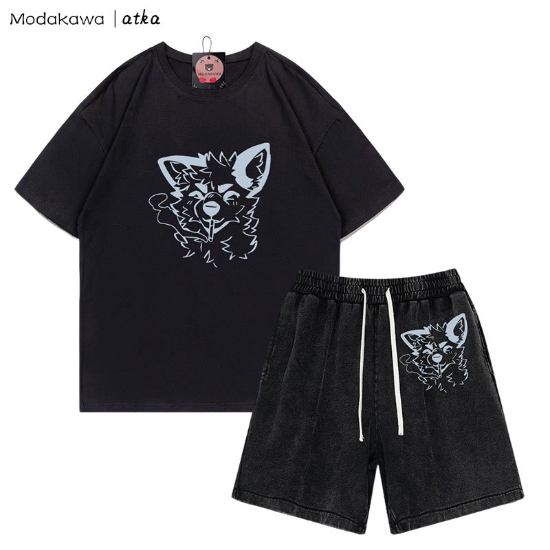 MODAKAWA X atka Fox Smoking Graphic T-shirt Vintage Washed Shorts Two Pieces Set - Black - 3XL - image 7