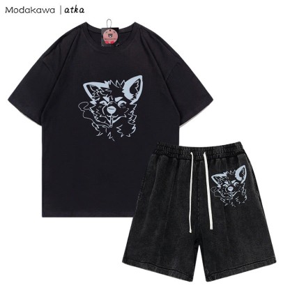 MODAKAWA X atka Fox Smoking Graphic T-shirt Vintage Washed Shorts Two Pieces Set - Black - 3XL - image 7