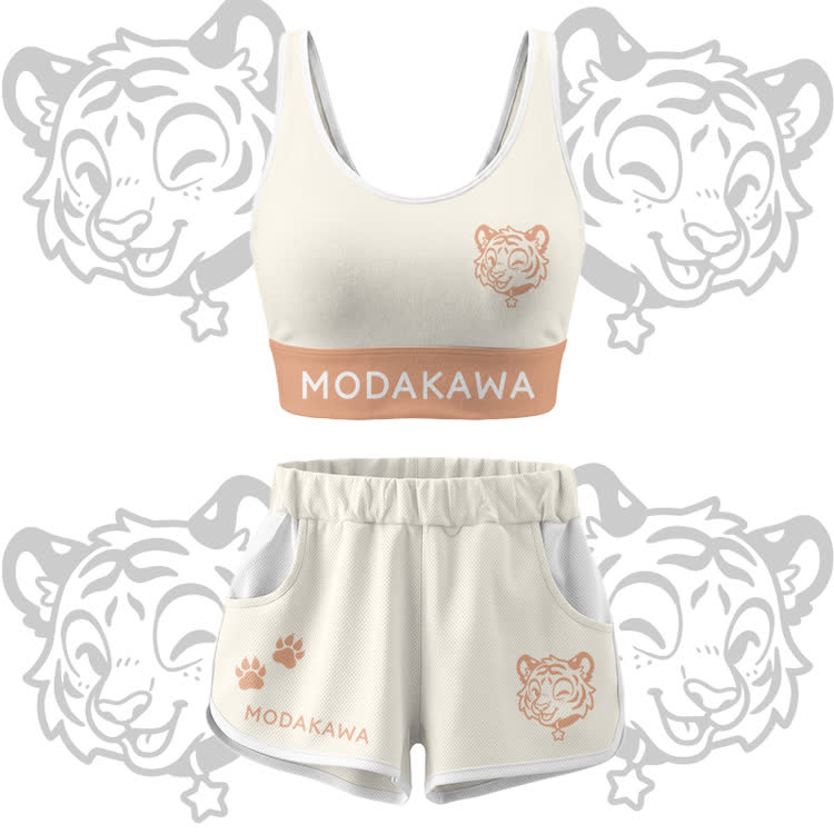 Happy Tiger Graphic Crop Tank Sport Top Shorts Bikini Modakawa Matching Outfit - Beige Set - 5XL - image 14