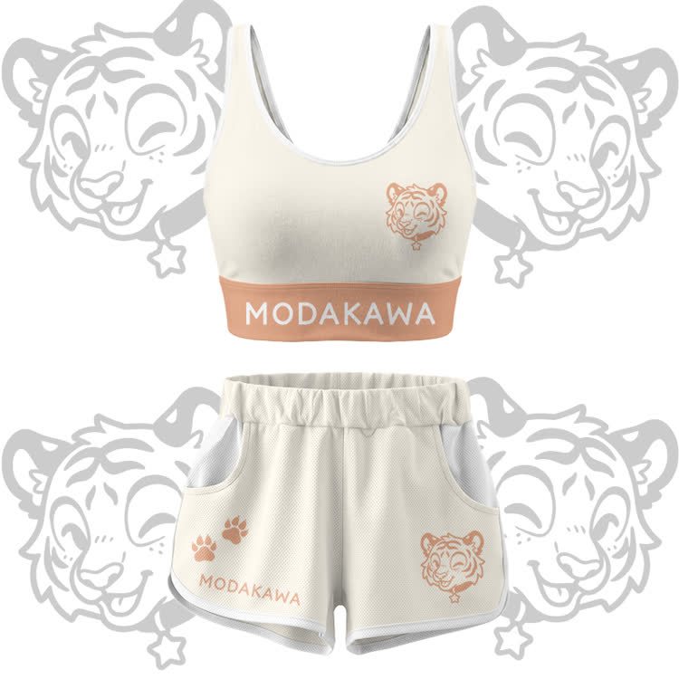 Happy Tiger Graphic Crop Tank Sport Top Shorts Bikini Modakawa Matching Outfit - Beige Set - 5XL - image 14