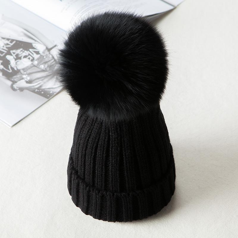 Winter Knit Beanie Hat Detachable Warm Fur Pom Pom - Black A - Inner Fleece - One Size - image 2