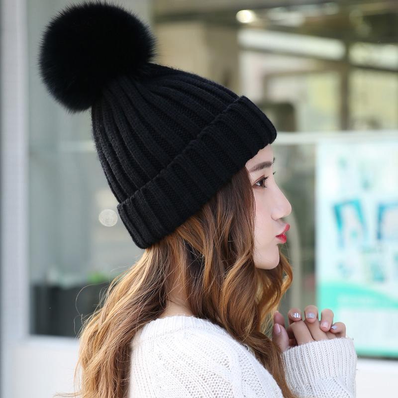 Winter Knit Beanie Hat Detachable Warm Fur Pom Pom - image 1