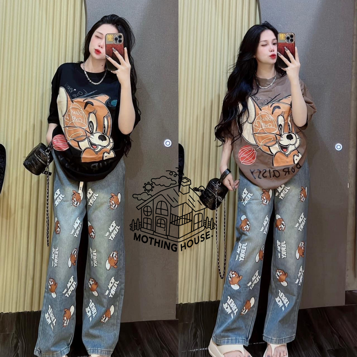 เสื้อยืดแฟชั่นผู้หญิงสไตล์ระเบิดกางเกงยีนส์ขากว้างสองชิ้น
