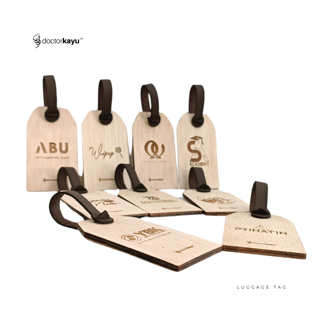 Luggage Tag Wooden Personalize Ukir Nama Logo Custom