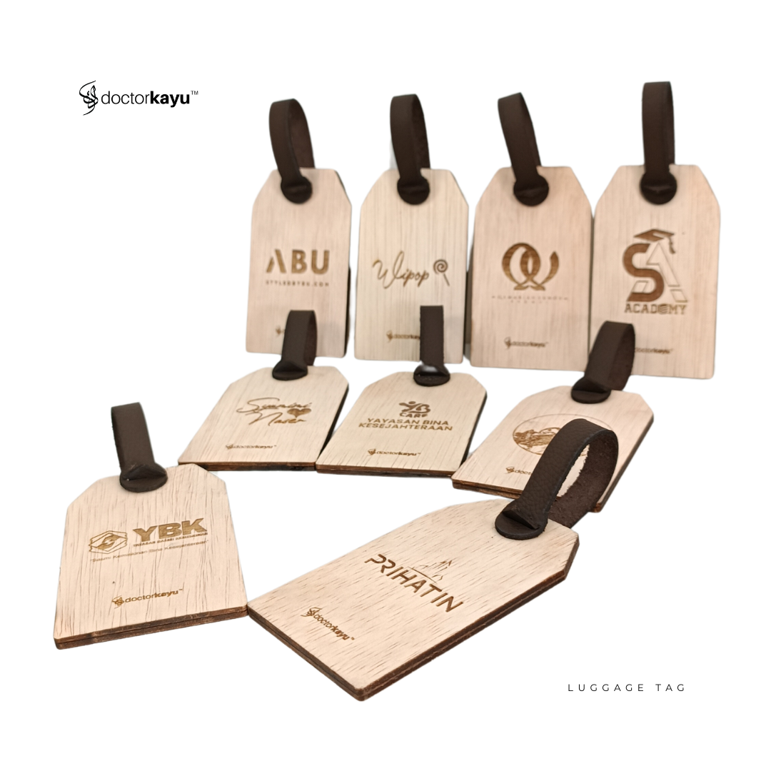 Luggage Tag Wooden Personalize Ukir Nama Logo Custom