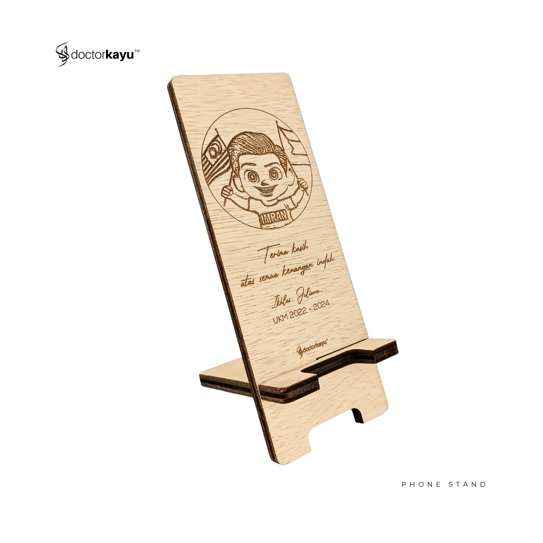 Phone Stand Ukir Nama Logo Personalize Custom Kayu Wooden