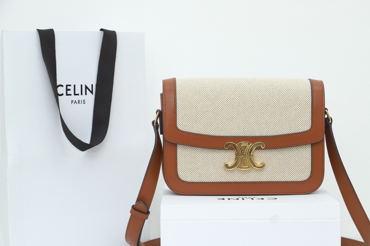 CELINE CLASSIQUE TRIOMPHE BAG IN TEXTILE AND CALFSKIN