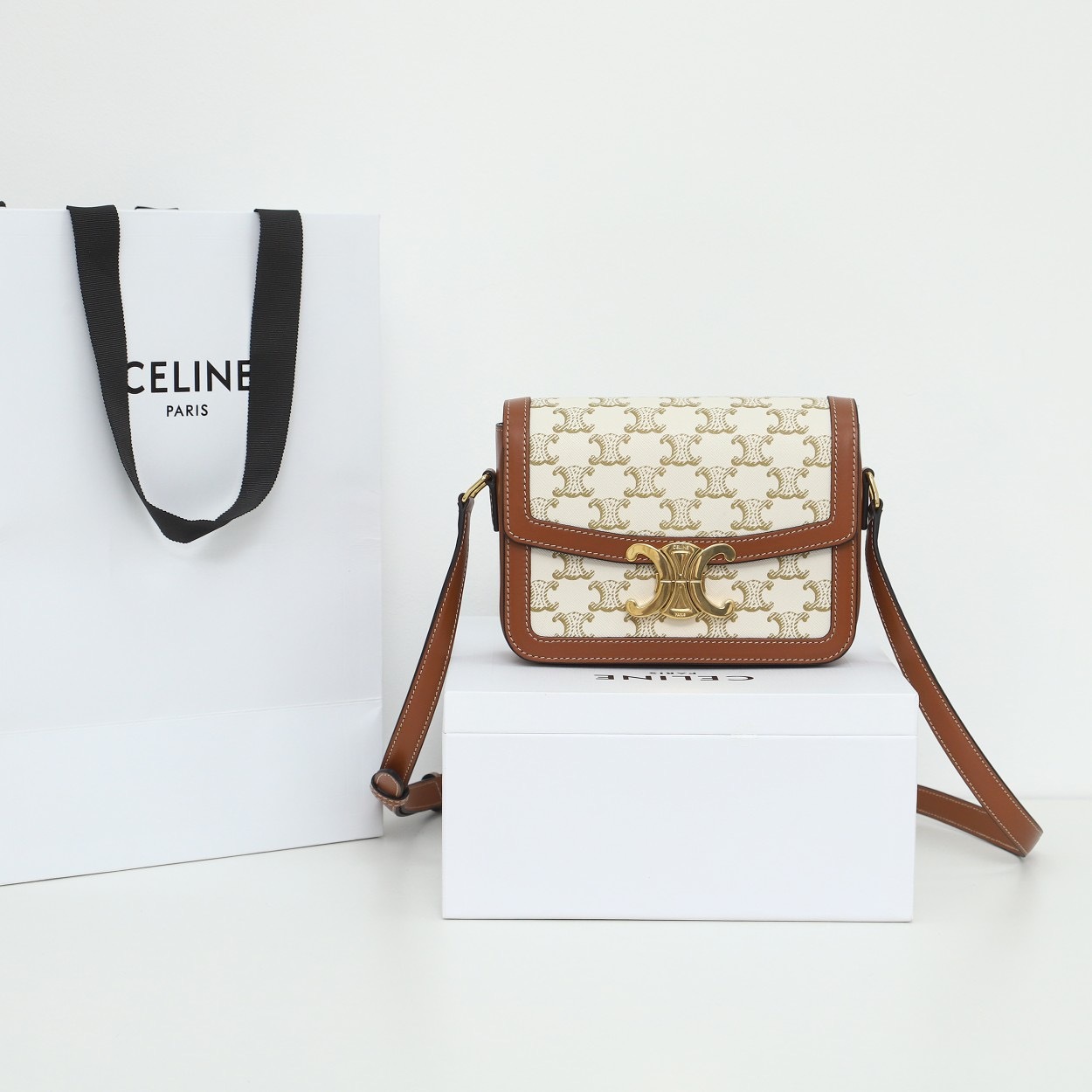 CELINE TEEN TRIOMPHE BAG IN TROMPHE CANVAS AND CALFSKIN