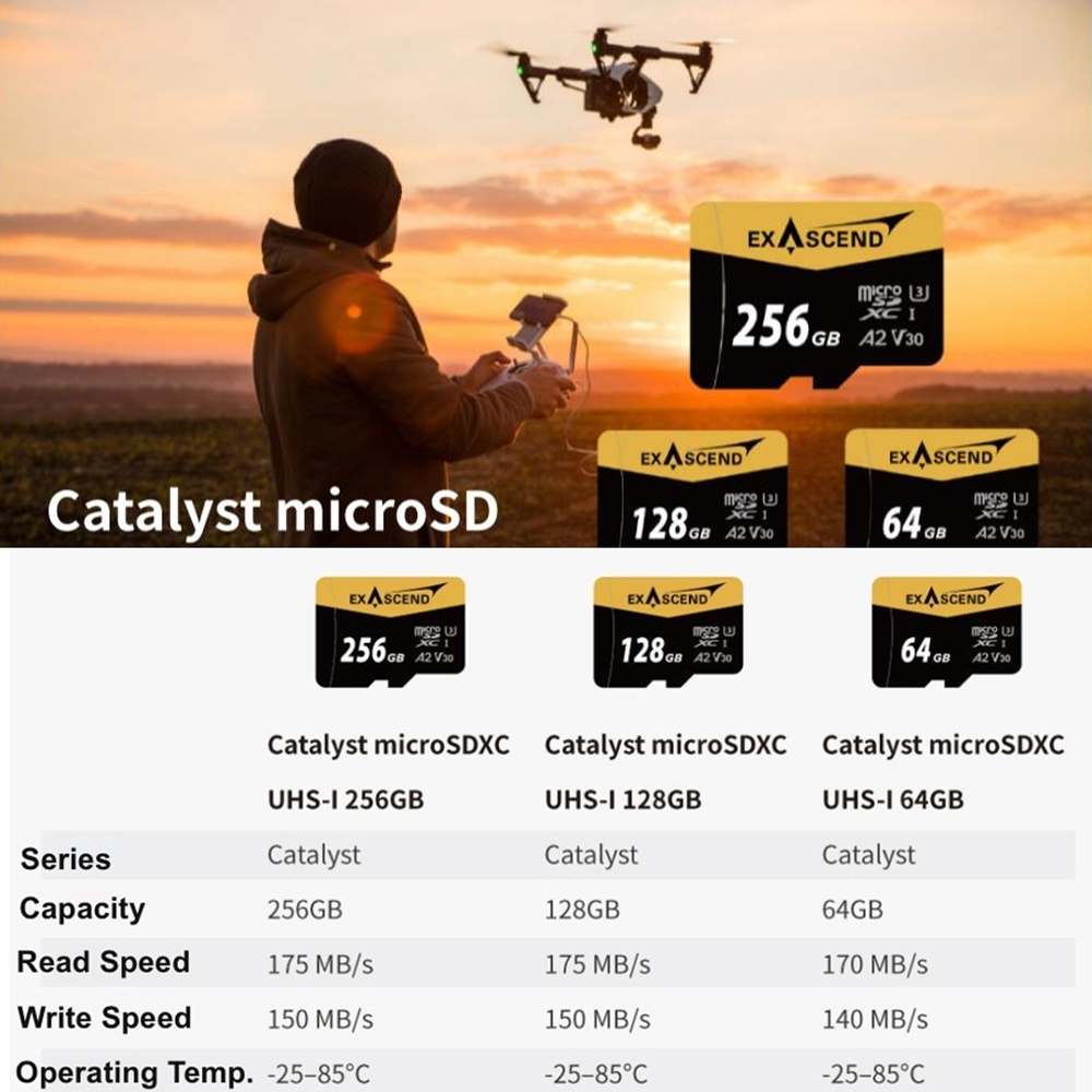 Exascend Catalyst 64GB / 128GB / 256GB Micro SD XC UHS-I V30 A2 Memory Card