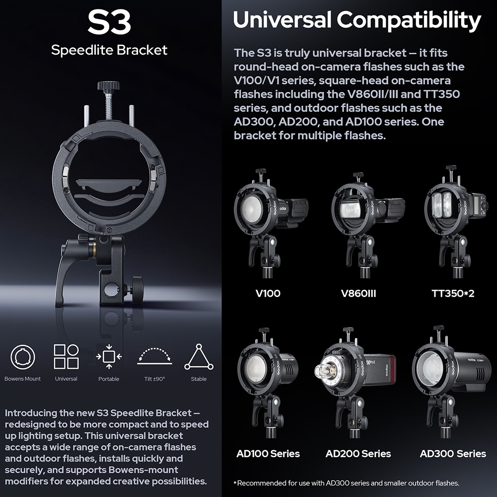 Godox S3 Bowens Mount Softbox / Umbrella Bracket (V100 / V1Pro / V860III / TT685II / AD100Pro / AD200Pro II / AD300Pro)