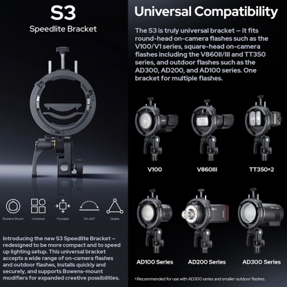 Godox S3 Bowens Mount Softbox / Umbrella Bracket (V100 / V1Pro / V860III / TT685II / AD100Pro / AD200Pro II / AD300Pro)