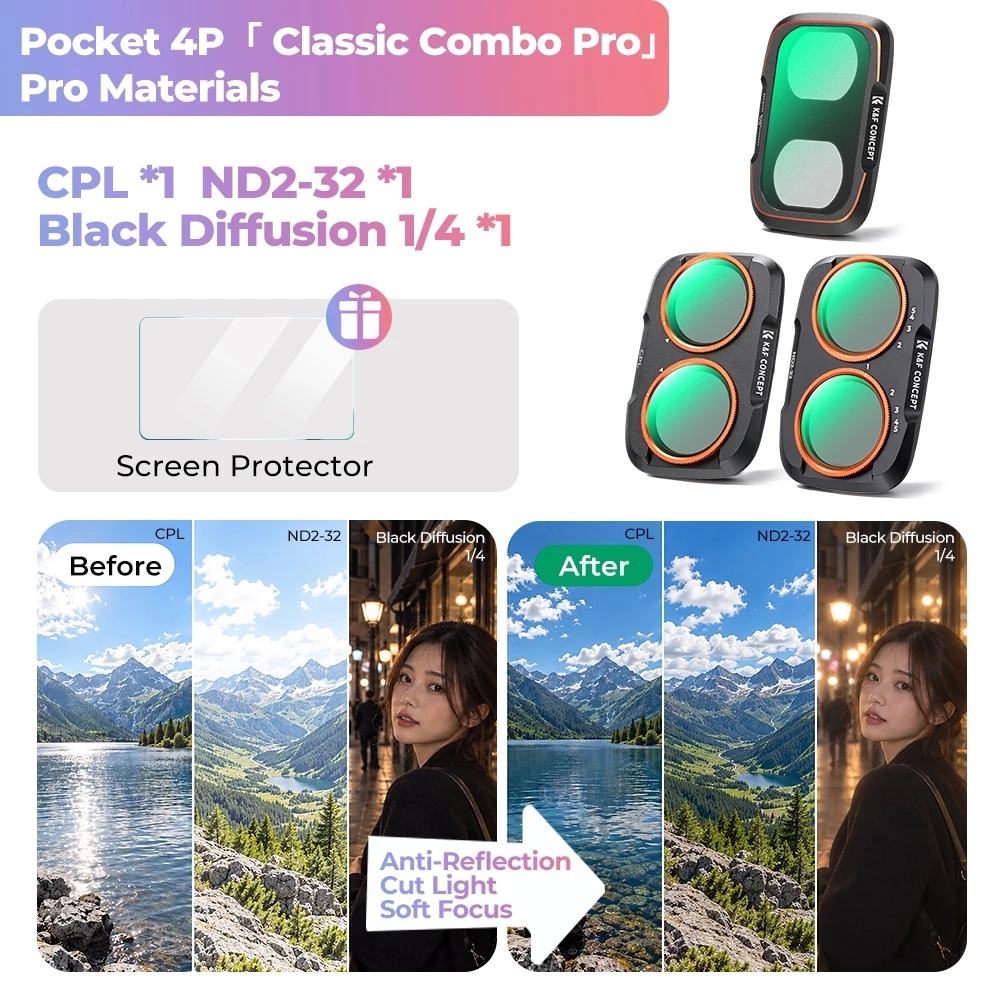 K&F UV / CPL / Black Mist / ND2-32 / ND32-512 / Anti-Light Pollution / Wide Angle Filter (For Dji Pocket 4P)