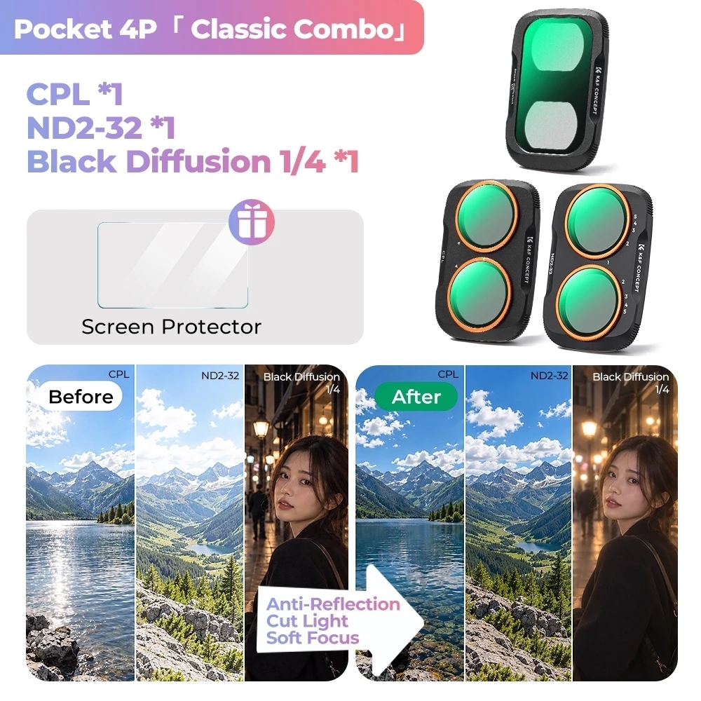 K&F UV / CPL / Black Mist / ND2-32 / ND32-512 / Anti-Light Pollution / Wide Angle Filter (For Dji Pocket 4P)