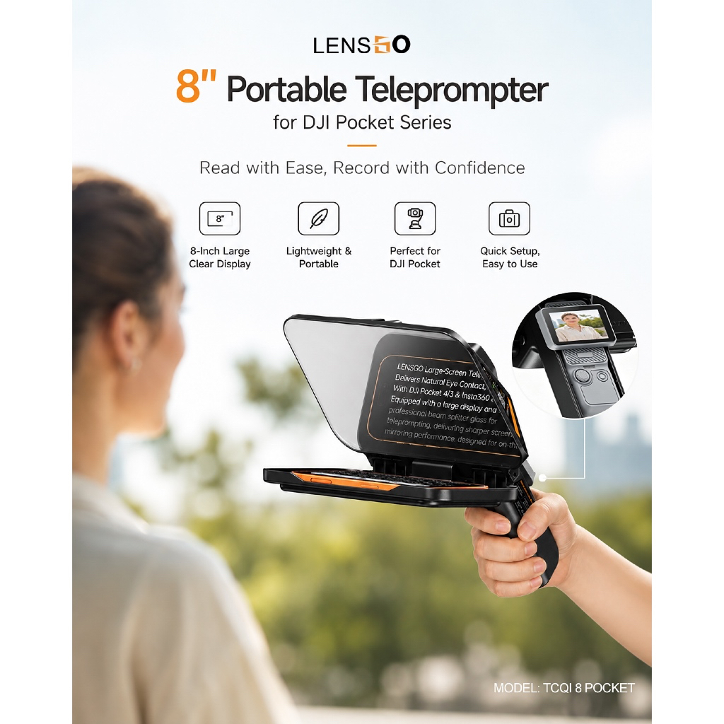 LENSGO TCQI 8 Teleprompter (For DJI Pocket 3 / 4 and Laptop)