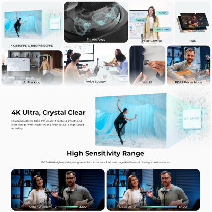 OBSBOT Tiny 3 Lite AI-Powered PTZ 4K Webcam