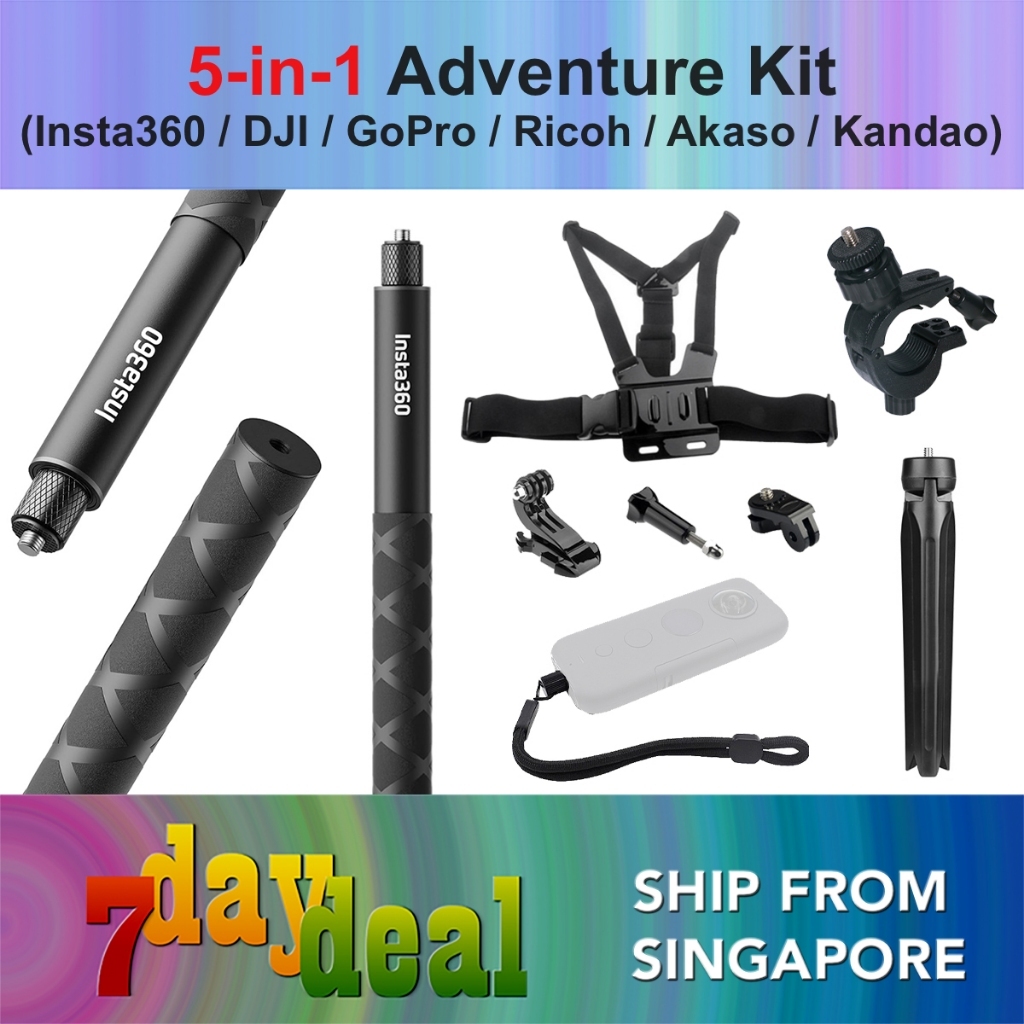 5-in-1 Combo Kit: Selfie Stick / Bicycle, Wrist, Chest Strap / Tripod (Insta360 / DJI / GoPro / Ricoh / Akaso / Kandao)