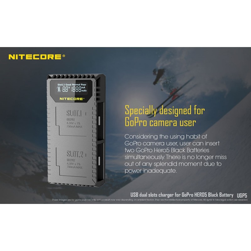 Nitecore UGP5 Dual-Slot USB Travel Battery Charger (For GoPro Hero 8, 7 Black, 6 and 5)